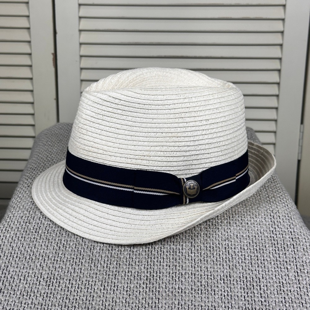 Goorin Bros Classic Cream Straw Fedora Hat Black Grosgrain Band Trilby Mens Med